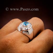 แหวนพลอยสีฟ้า ล้อมเพชร แหวนผู้ชาย แหวนพลอยบลูโทพาซ แหวนเงินแท้