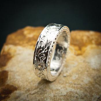 แหวนเพชร แกะสลักลายไทยรอบวง แหวนเงินฝังเพชร #7