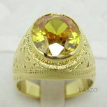 แหวนทองผู้ชาย ฝังพลอยบุษราคัม แกะสลักลายไทย แหวนทองแท้