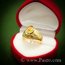 แหวนผู้ชายบุษราคัม แหวนทองผู้ชาย แหวนมอญ แกะสลักลายไทย ฝังพลอยบุษราคัม แหวนพลอยสีเหลือง