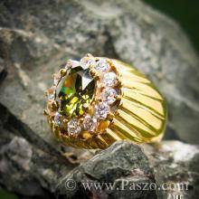 แหวนทองผู้ชาย แหวนพลอยเขียวส่อง ล้อมเพชร แหวนทองแท้ ทอง90