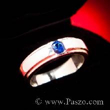 แหวนพลอยไพลิน แหวนเงินแท้ ขอบแหวนลดระดับ แหวนเงิน ฝังพลอยสีน้ำเงิน