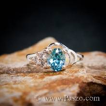 แหวนพลอยบลูโทพาส เพชรข้าง3เม็ด แหวนเงินแท้ แหวนผู้หญิง พลอยสีฟ้า