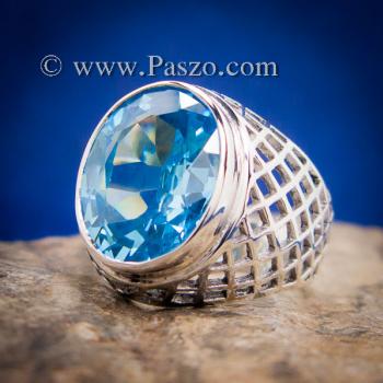 แหวนฉลุลาย แหวนพลอยสีฟ้า แหวนผู้ชายเงินแท้ #1
