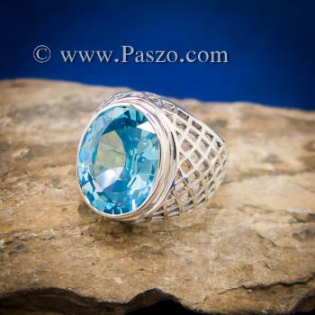 แหวนฉลุลาย แหวนพลอยสีฟ้า แหวนผู้ชายเงินแท้ #4