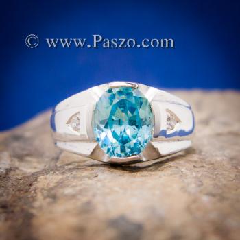 แหวนพลอยสีฟ้า แหวนผู้ชาย บ่าแหวนฝังเพชร #1