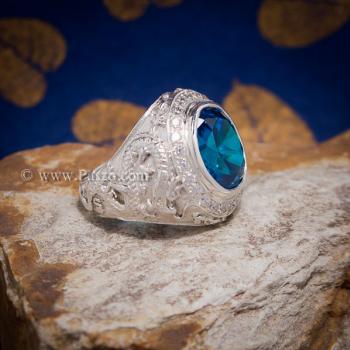 แหวนมังกร ฝังพลอยสีฟ้า ล้อมเพชร #3
