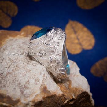 แหวนมังกร ฝังพลอยสีฟ้า ล้อมเพชร #5