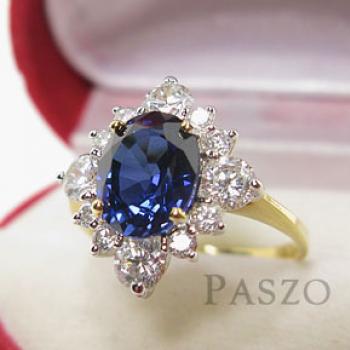 แหวนพลอยไพลิน พลอยสีน้ำเงินล้อมเพชร ตัวแหวนชุบทองแท้ #2
