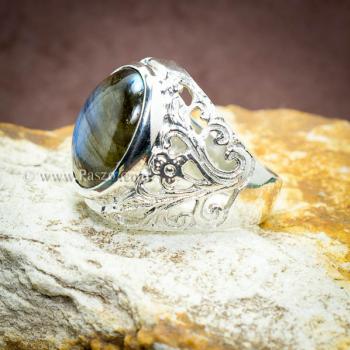 แหวนหินลาบราดอไรท์ แหวนฉลุลายดอกไม้ แหวนเงินแท้ #1