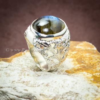 แหวนหินลาบราดอไรท์ แหวนฉลุลายดอกไม้ แหวนเงินแท้ #2