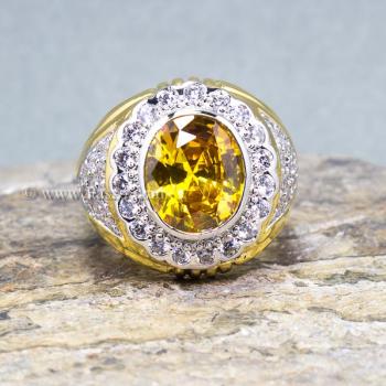 แหวนผู้ชายพลอยสีเหลือง ล้อมเพชร แหวนชุบทอง #2