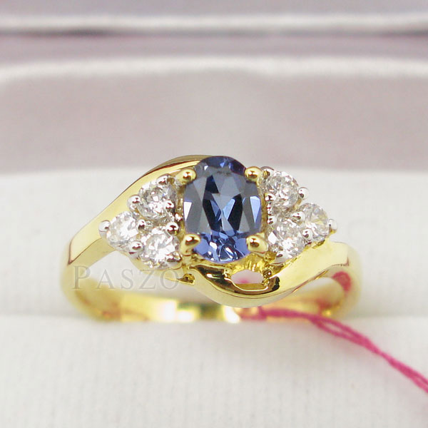 แหวนพลอยไพลิน พลอยสีน้ำเงินประดับเพชร ตัวเรือนทองไมครอน #2