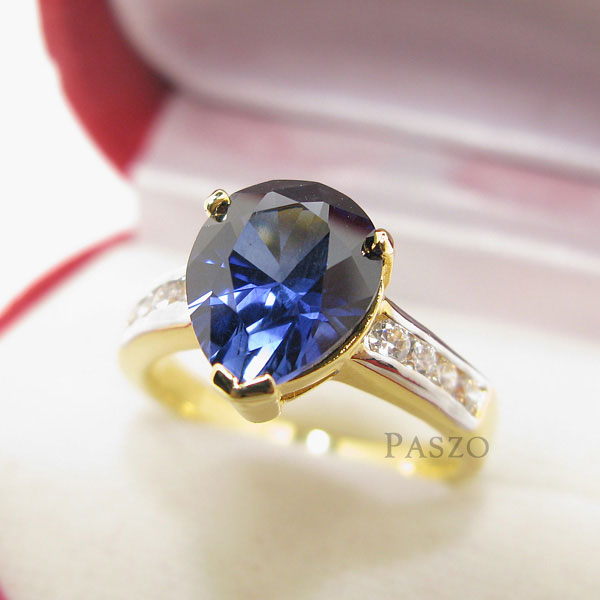 แหวนพลอยไพลิน พลอยสีน้ำเงินประดับเพชร ตัวเรือนแหวนทองไมครอน #1