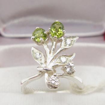 แหวนพลอยเขียวส่อง สีเขียวมะกอก แหวนช่อดอกไม้ #1