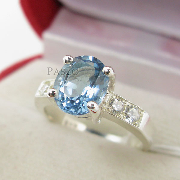 แหวนพลอยบูลโทพาซ สีฟ้า ประดับเพชรบ่าข้าง #3