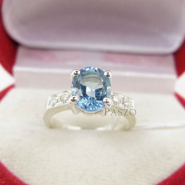 แหวนพลอยบูลโทพาซ สีฟ้า ประดับเพชรบ่าข้าง #6