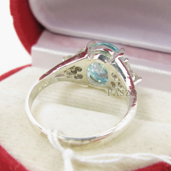 แหวนพลอยสีฟ้า เพชรข้างละ3เม็ด แหวนพลอยอความารีน #6